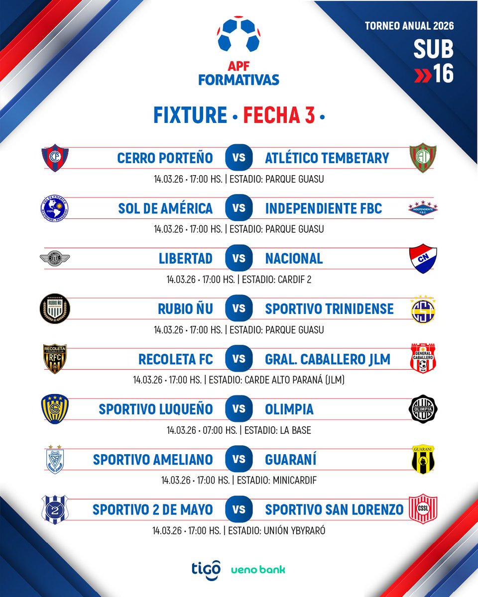 FormativasAPF's tweet image. ¡Sábado de Divisiones Formativas! 🇵🇾

📅 Fixture confirmado para la fecha 3.

#FormativasAPF ⚽