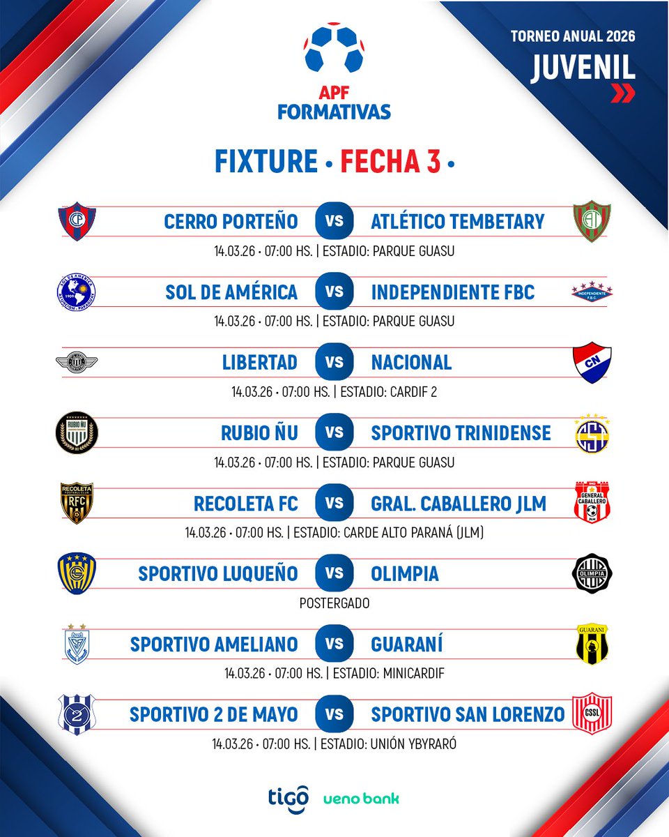 FormativasAPF's tweet image. ¡Sábado de Divisiones Formativas! 🇵🇾

📅 Fixture confirmado para la fecha 3.

#FormativasAPF ⚽
