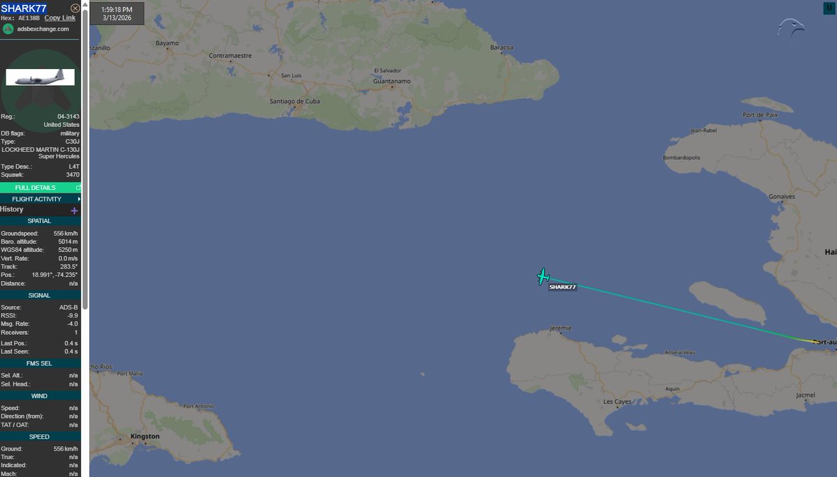 FlconEYES's tweet image. SHARK77 | 04-3143 | AE138B
LOCKHEED MARTIN C-130J Super Hercules

Desde #PuertoPrincipe 
#Now #ADSB #cuavion #Cuba #13Mar