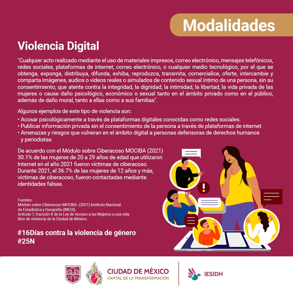 La #ViolenciaDigital constituye una vulneración grave a la integridad y la vida privada. 💻🚫Conforme a la Ley de Acceso de las Mujeres a una #VidaLibreDeViolencia 🕊️ de la #CDMX, todo acto que exponga o comercialice contenido íntimo sin consentimiento a través de medios