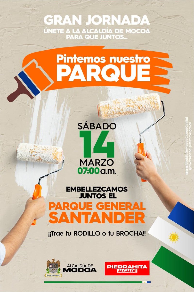 ch_piedrahita's tweet photo. PONGAMOS BONITA LA SALA DE NUESTRA CASA 🧡⛲️💚

💚🧡✊🎨
Invitamos a toda la comunidad en general y a la institucionalidad, a una minga comunitaria para pintar y embellecer nuestro parque General Santander.

#AlcaldíaDeMocoa #PiedrahitaAlcalde #MocoaBonita #GobiernoYcomunidad https://t.co/o1773s3wyq
