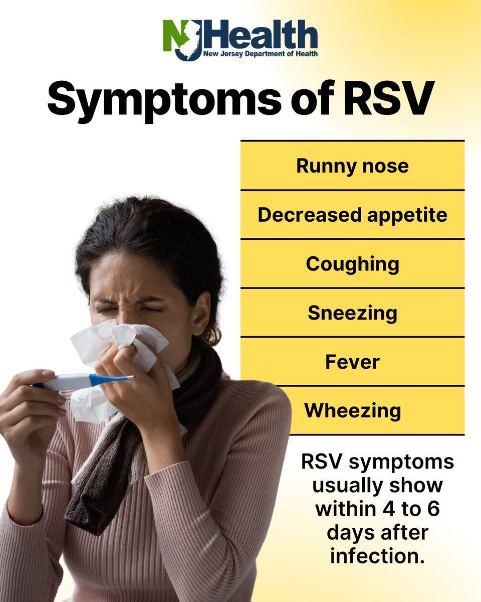 NJDeptofHealth's tweet image. RSV symptoms typically show up 4 to 6 days after infection. Knowing the symptoms can help stop the spread and make sure you get the care you need. Learn more:  nj.gov/health/respira… #HealthierNJ #RSV
