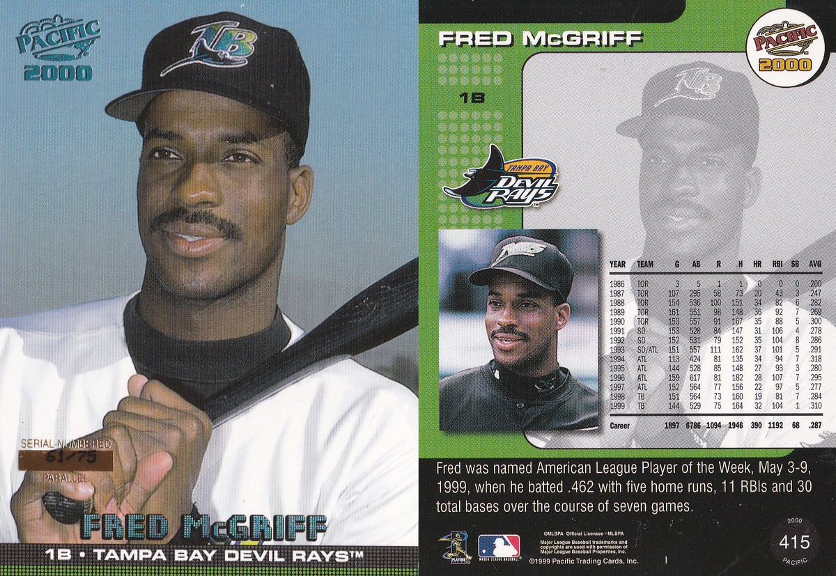 ICollectMcGriff's tweet photo. Today's item. 2000 Pacific Portrait Platinum Blue #415A. The Platinum Blue parallel from 2000 Pacific is serial #’d to 75 with serial in a gold box in the lower left corner. Pacific logo & player name are blue foil. McGriff is 1 of 50 players to have a base and portrait variation https://t.co/wBkvAMDDBG