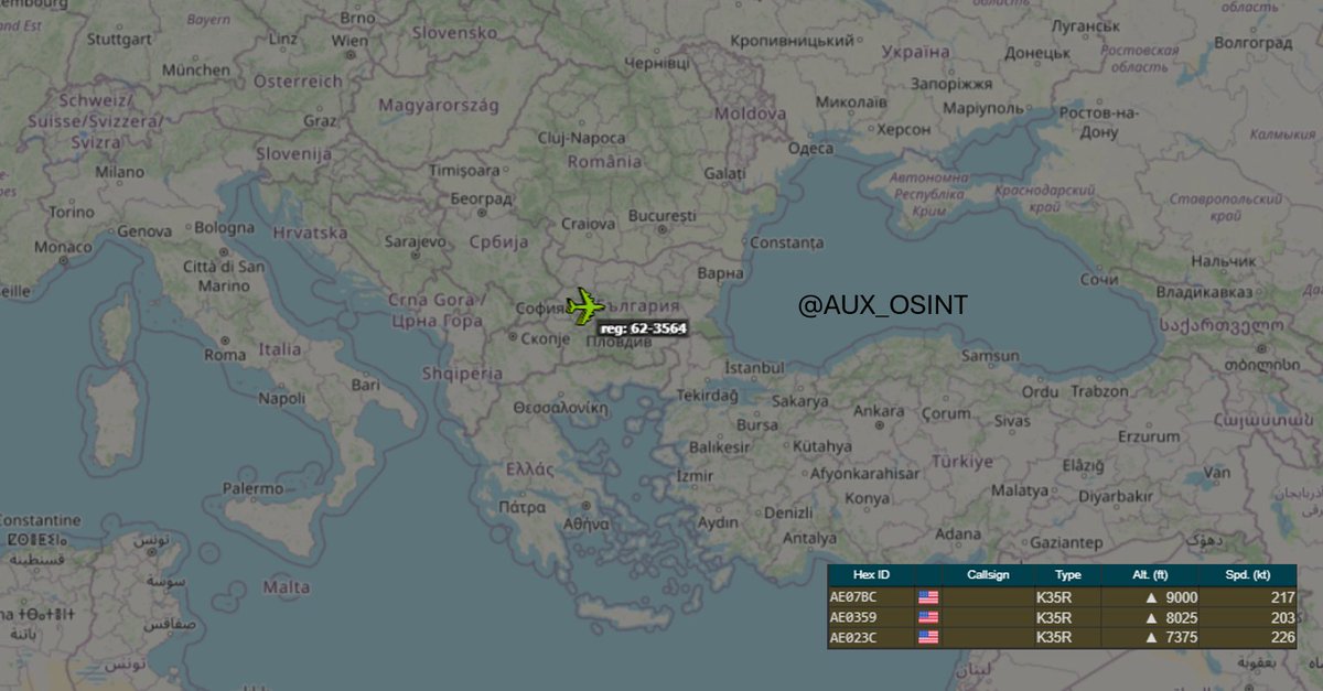 AUX_OSINT's tweet photo. 3x USAF KC-135R out of Sofia Vasil Levski Airport (LBSF) in Bulgaria, heading south.

#AE07BC - 62-3564
#AE0359 - 57-1439
#AE023C - 63-8888 https://t.co/lXnu5vC6sT