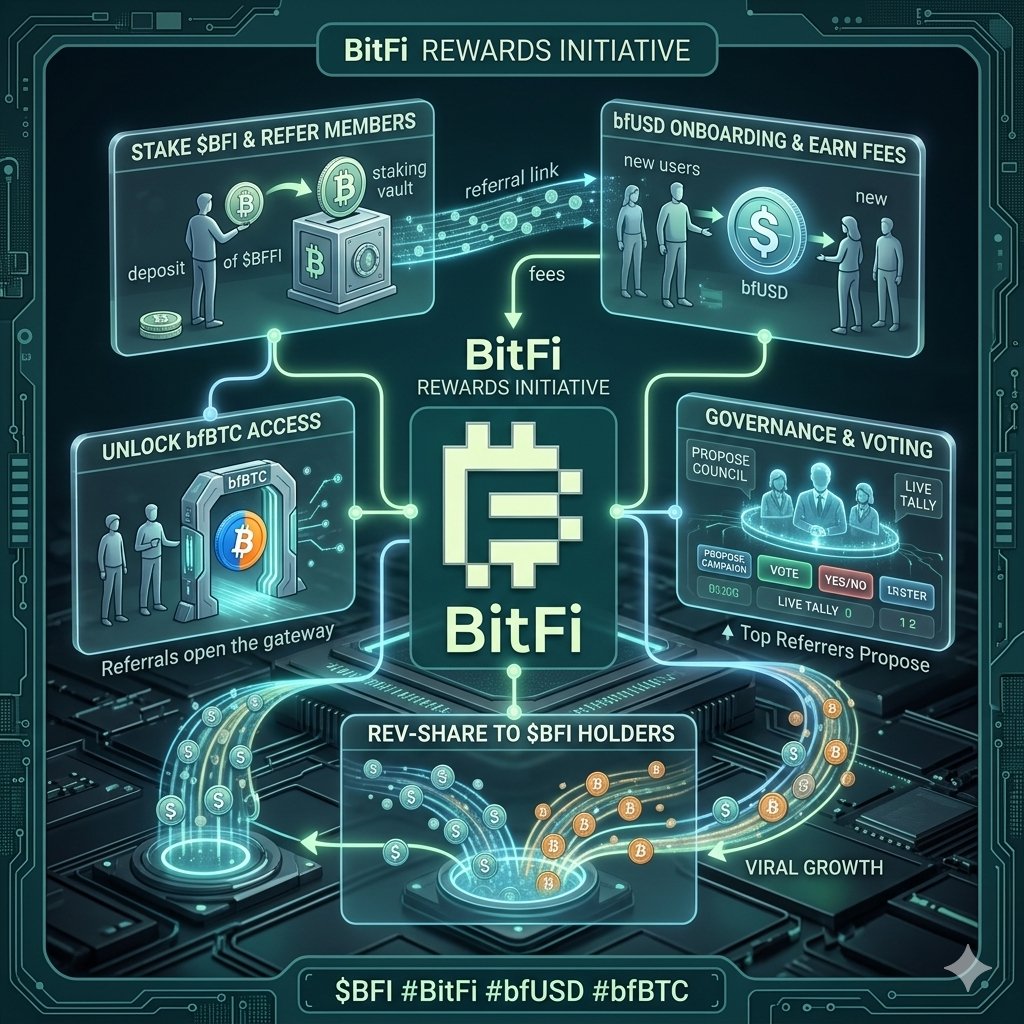 wille5tar's tweet photo. Yo BitFi enthusiasts!
Transform $BFI into a referral rewards token tied to bfUSD onboarding. 
Users stake $BFI to refer new members, earning a share of bfUSD fees generated by those referrals turning holders into active promoters.
@Bitfi_Org https://t.co/O1ih1Keyiz