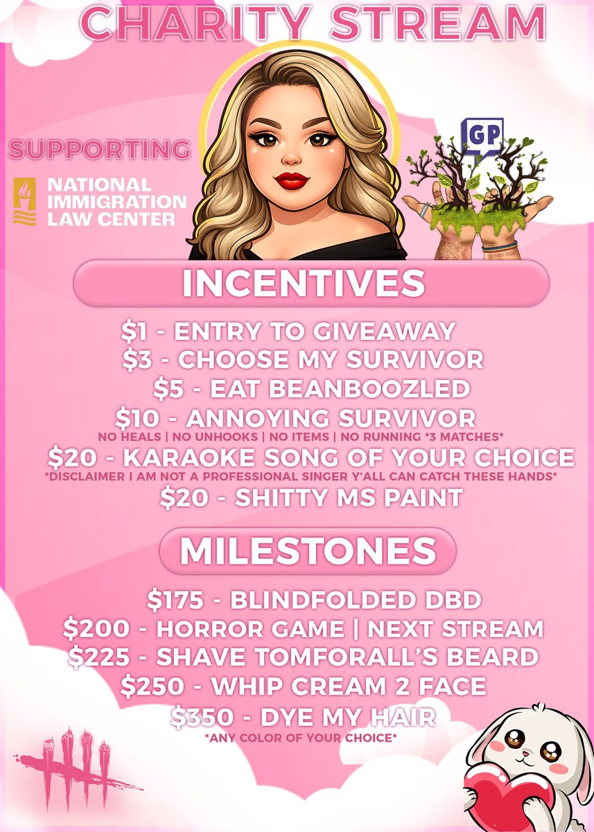 Raeeimvu's tweet photo. DBD Charity Stream Starts Tonight! 💗
🗓 March 8–14
⏰ Live at 8PM PST
🎯 Goal: $350
Supporting the National Immigration Law Center. Every bit helps! Come hang out 🎮
https://t.co/Nr3OGUWjtn

https://t.co/5hMWwwC6NF https://t.co/hhuS4XXMDb