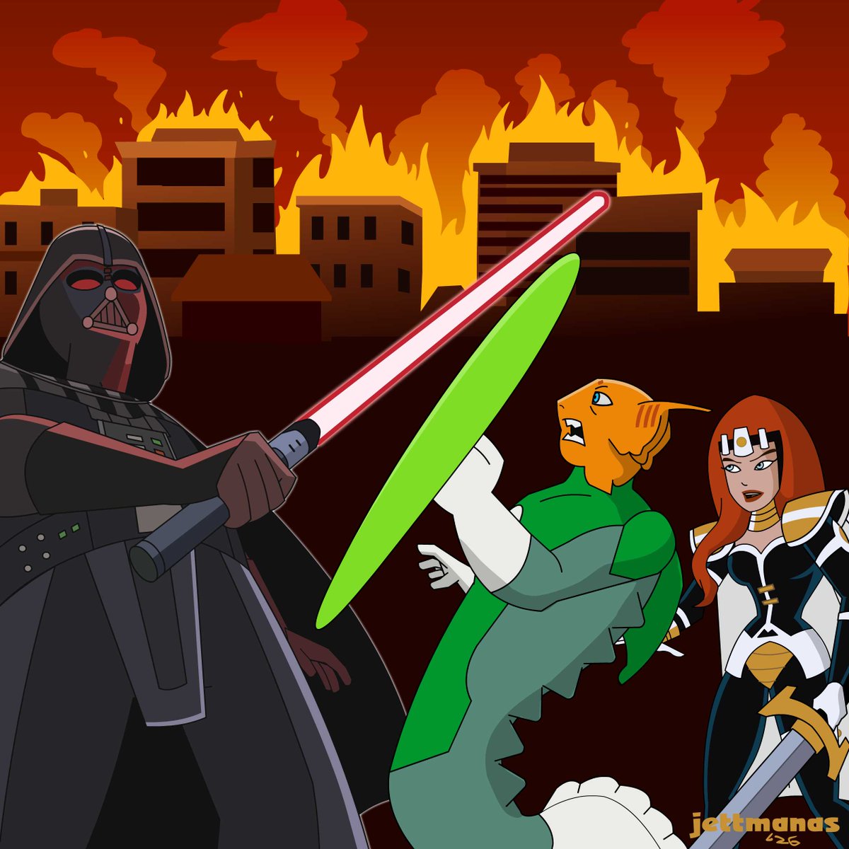 1st commission of '26, (generous one). Cover for a crossover fic. Darth Vader, Green Lantern- Pathavim Seth-Ottarak, &amp; Maxima of Superman Animated. Rights to Lucasfilm &amp; DC. #StarWarsfanart #crossover #fanart #digitalart #fanficcover #commissionart #DCanimated #dcfanart