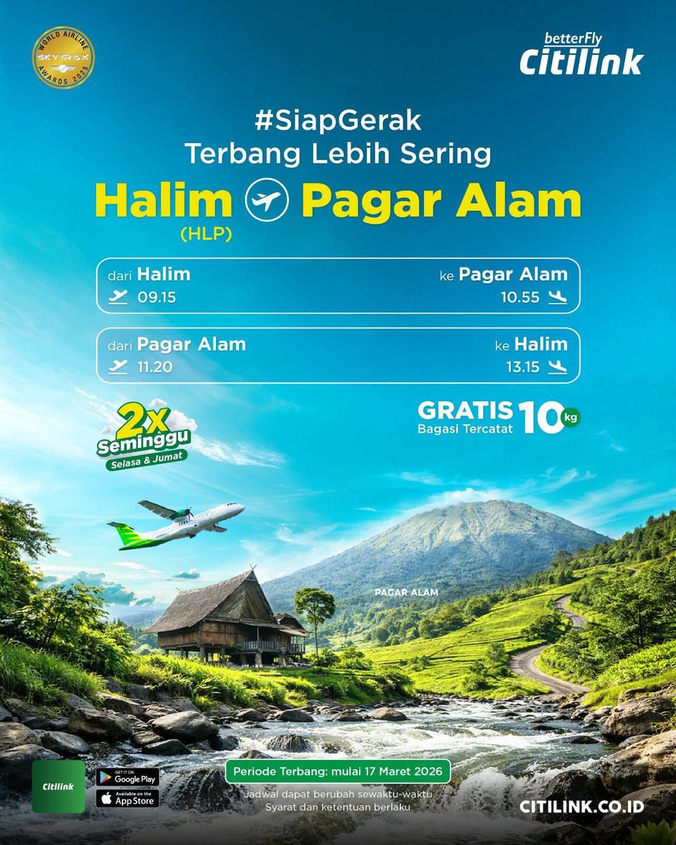 sican_cs's tweet photo. Telah Di Buka Rute Penebangan Jakarta Pagar Alam Dan Sebaliknya 2X Seminggu Hari Selasa &amp; Jumat. Periode Terbang Hari Selasa 17 Maret 2026.
#SiapGerak #Citilink #PagarAlam #Jakarta #PagarAlamJakarta #JakartaPagarAlam https://t.co/Gmu57czcWV