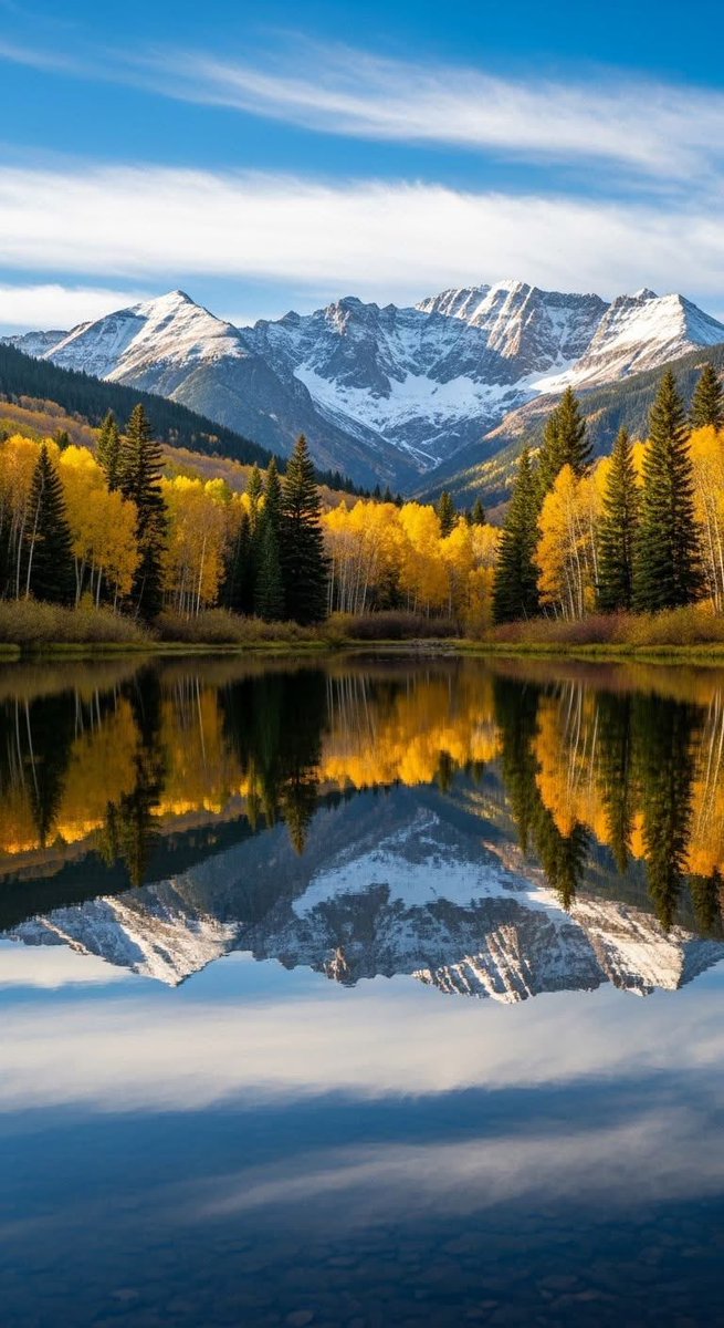 mshafqat72's tweet image. Autumn by a quiet lake in Colorado, United States, where golden aspens shimmer in the crisp mountain air and their reflections dance on crystal waters. A season where nature paints serenity in shades of gold and fire. 🍁🏔️🍂 
#AutumnVibes #Colorado #NatureBeauty