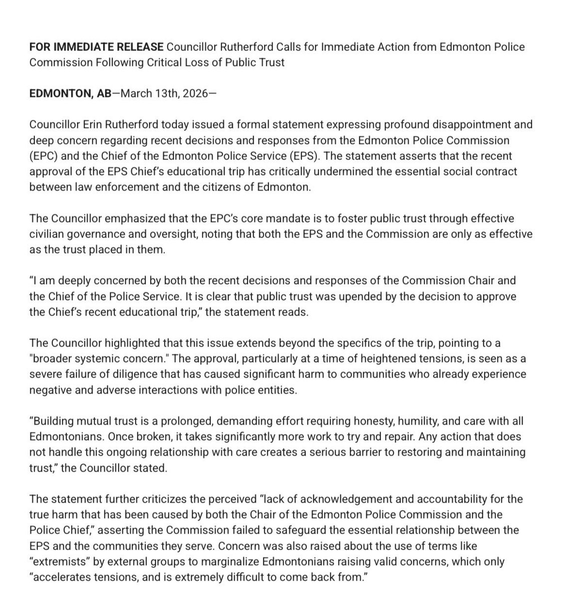 Edmonton Mayor Andrew Knack and councillor Erin Rutherford have both issued statements sharply critical of Edmonton police chief Warren Driechel’s visit to Israel. ER: “profound disappointment,” “public trust upended.”