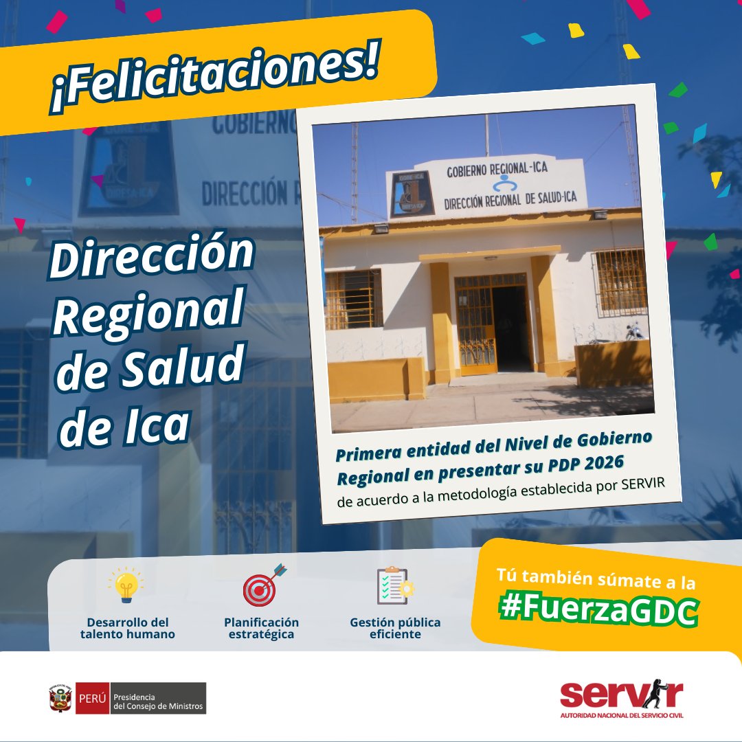 SERVIR_PERU's tweet image. 📣¡Hito en la #GestiónPública regional! 🔝
Felicitamos a la Dirección Regional de Salud de #Ica por convertirse en la 1. entidad de nivel regional en presentar su Plan de Desarrollo de las Personas (PDP) 2026.👏

📑El #PDP permitirá ejecutar capacitaciones para sus servidores.