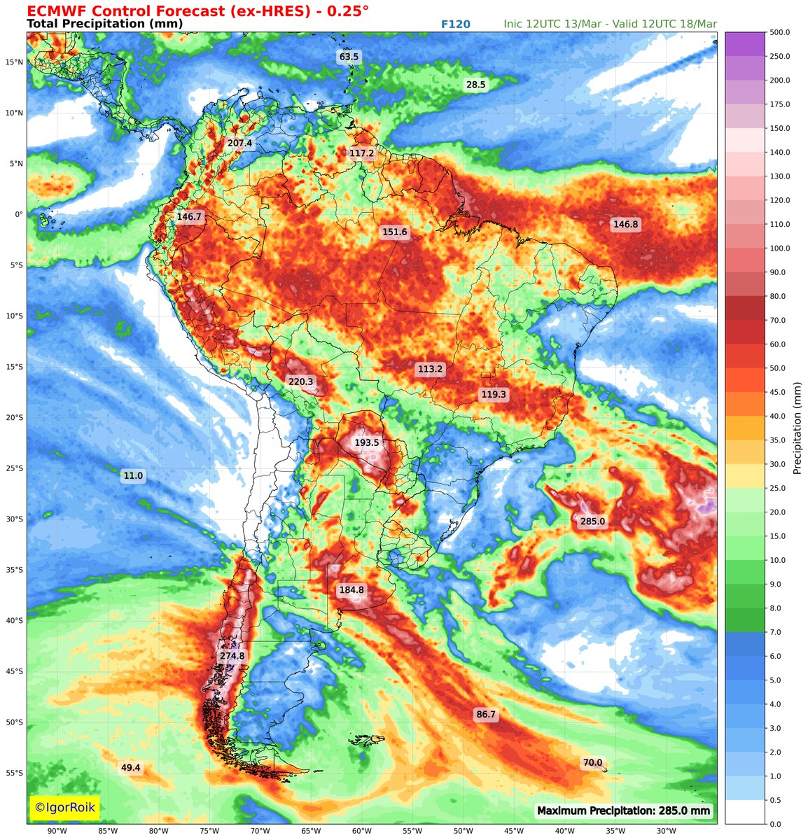 Volume de chuva previsto nas próximas 48 e 120h conforme última atualização do modelo ECMWF.