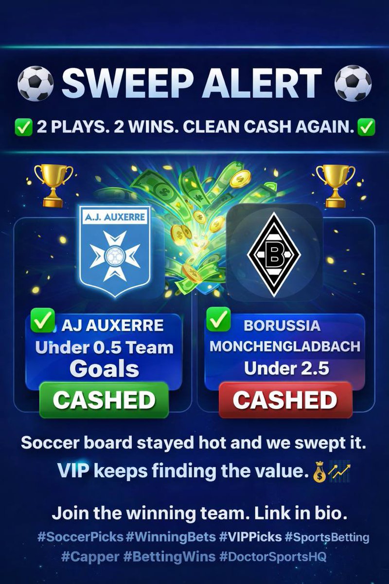 DoctorsportsHQ's tweet image. Soccer sweep again ⚽️✅🔥

2 plays, 2 wins.

VIP members cashing tickets daily.

Join the winning team today. 💰📈

winible.com/doctorsportshq…

#SoccerPicks #WinningBets #VIPPicks #SportsBetting #BettingWins 
@DoctorSportsHQ
