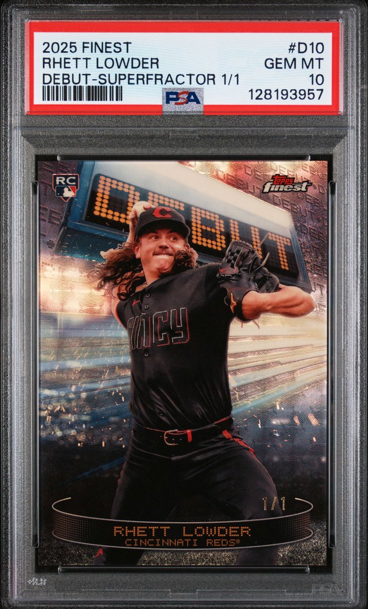 CollectingAll's tweet image. 2025 Topps Finest Debut Superfractor 1/1 Rhett Lowder #D10 PSA 10: $2,699.99 👉 Sell to us collectingall.app 👈 #ToppsFinest #Superfractor #RhettLowder #PSA10 #SportsCards