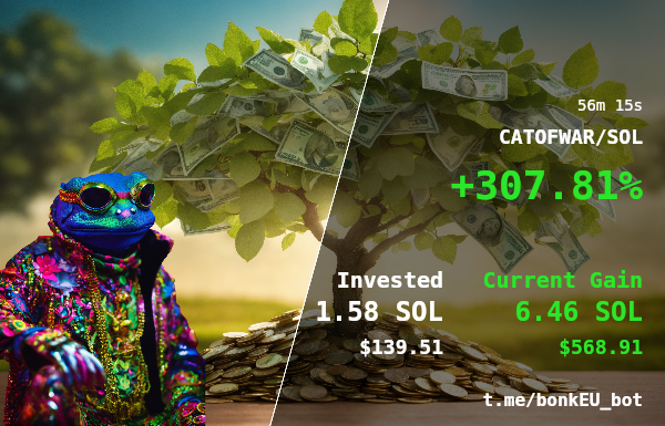 PaeSheila88396's tweet photo. 🚨 Trade Profit Tracker 🚨
🔔 CATOFWAR/SOL
High Speed, Low Cost Trading with Bonk Bot #BonkBot #Solana #MemeEconomy https://t.co/2ublL6Quwj
🗂 CA: 6RQRjZwbTXJDviuP3JJnWeyt9rWzJriHL2WGK3Zspump
💰 Profit: 307.81% | ⏱️ Time: 56m 15s
💸 Invested: 1.58 SOL | 💰 Gained: 6.46 SOL https://t.co/rcJkO2OXTt