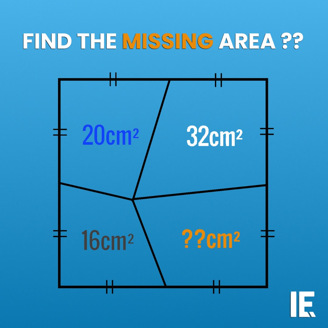 IntEngineering's tweet image. Three regions are given: 20 cm², 32 cm², and 16 cm².
Using the midpoint clues on each side, can you figure out the missing one?

Drop your answer in the comments 👇

#iequiz #mathproblem #problemsolving