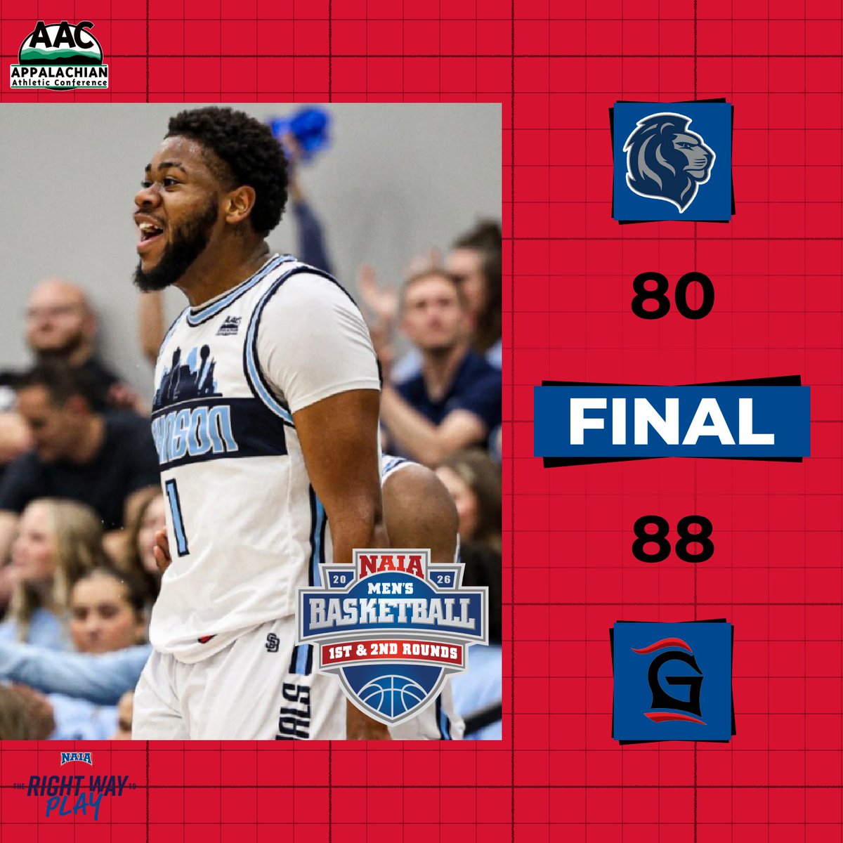 AACsports's tweet photo. 🏀FINAL

@JohnsonRoyals gave top-seeded Grace (Ind.) all it could handle but came up short in the #NAIAMBB National Championship First Round

Mason Lockhart netted with 21 points, and Livingston Cross had 18 points and 14 rebounds

#AACMBB | #ProudToBeAAC | #TheRightWayToPlay https://t.co/vPnzhB1naA