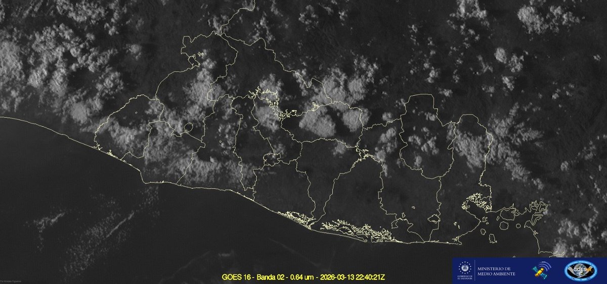 📌 #ElObservatorioInforma Pronóstico de muy corto plazo para la noche. Válido de 5:00 a 11:59 p.m. del 13/3/2026.

Actualmente, el cielo está parcialmente nublado, con lluvias puntuales en sectores de la cordillera Apaneca-Ilamatepec.
 
Pronóstico: 
Lluvia: para lo que resta de
