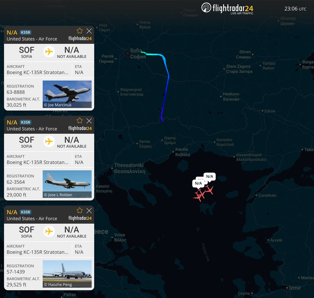 ArmchairAdml's tweet photo. #USAF United States Air Force - Iran War Activity

Boeing KC-135 Stratotanker 3x
#AE023C 63-8888 - Unknown C/S
#AE07BC 62-3564 - Unknown C/S
#AE0359 57-1439 - Unknown C/S

Three KC-135s headed South from Sofia Airport in Bulgaria, likely in support of bombers either heading to, or returning from, a sortie over Iran.