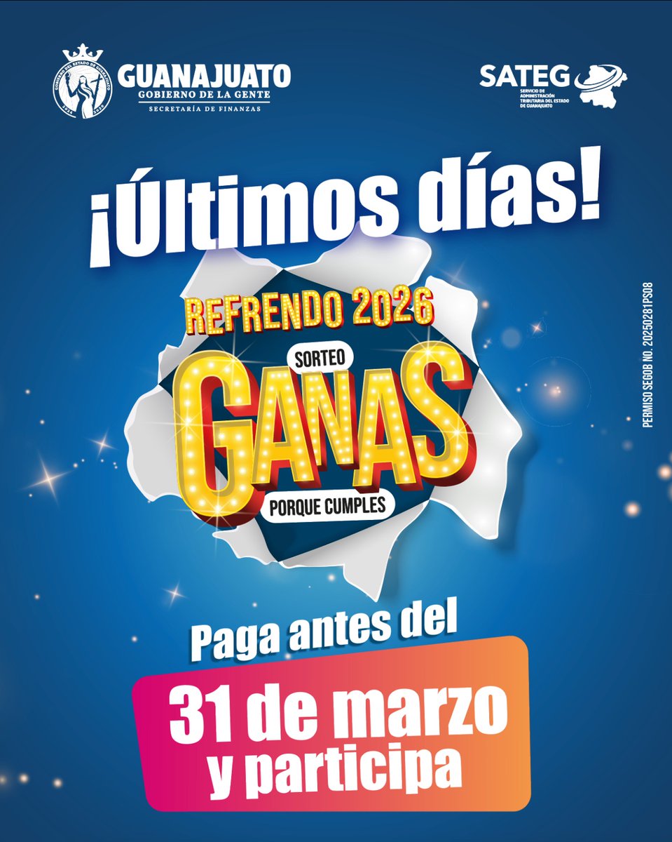 Cumple a tiempo con tu refrendo vehicular🛻 y participa en el 🥳Sorteo Ganas Porque Cumples.

Pagar tu refrendo te da tranquilidad, seguridad y la oportunidad de ganar un auto último modelo o premios en efectivo.

📲Realízalo hoy, desde tu celular por refrendo.guanajuato.gob.mx