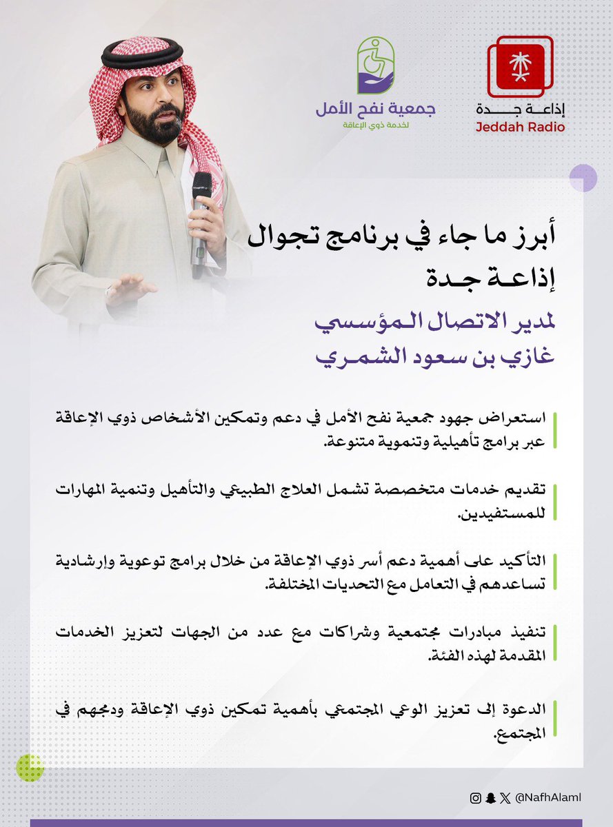 أبرز ماجاء في برنامج تجوال " إذاعة جدة "
لمدير الاتصال المؤسسي 
أ.غازي بن سعود الشمري 
جهود #نفح_الأمل في تمكين الأشخاص #ذوي_الإعاقة عبر برامج تأهيلية ومبادرات مجتمعية.