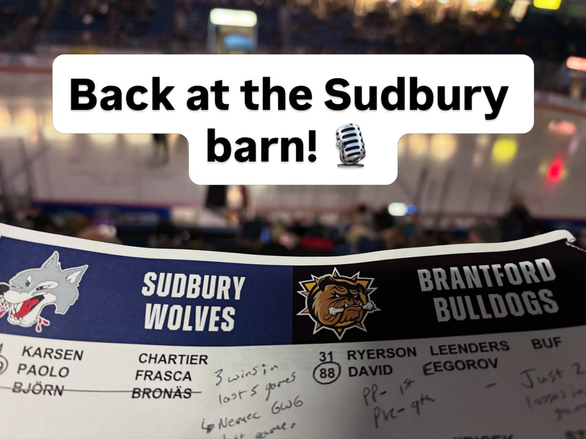 Back at the Sudbury Arena to call the <a href="/Sudbury_Wolves/">Sudbury Wolves</a> game with <a href="/CTVrwyman/">Rick Wyman</a> 🎙️ With a win tonight, the Pack will clinch a playoff spot 🐺 🤙 

Feel free to listen in at sudburywolves.com