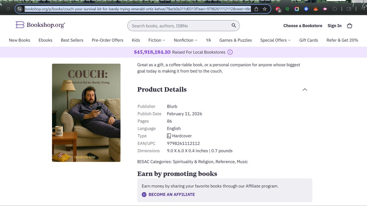 Support indie bookstores and your inner couch philosopher. 🛋️📚

My book “Couch: Your Survival Kit for Barely Trying” is now available on Bookshop.org.

For the tired, the overwhelmed, and the “I’ll do it later” champions.  #NewBook 

bookshop.org/p/books/couch-…