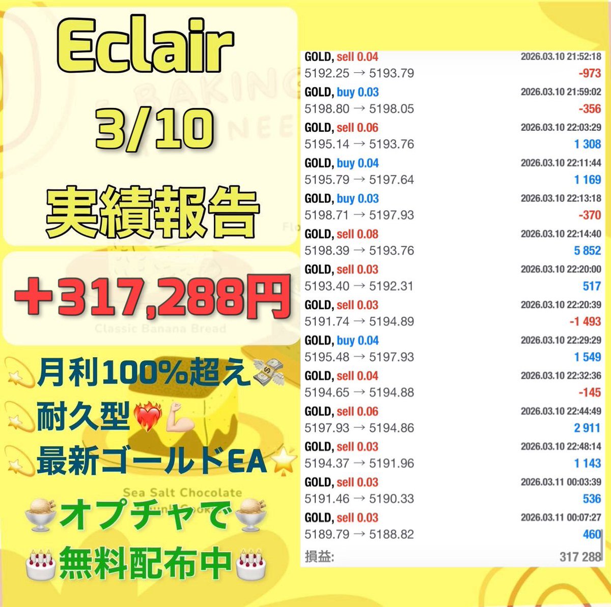 eaeaea1000's tweet photo. 3月10日収支

FX自動売買
🧁Eclair🧁
＋317,288円(日利31.7%)

🍰耐久型
✅危険指標をモノともしない高耐久
✅東京時間だけで高利益
想定月利100%

無料EA受取オプチャ👇
https://t.co/kZVt8oCXCy
ad 日経 円安 金利 投資 https://t.co/sKOoZTwN19