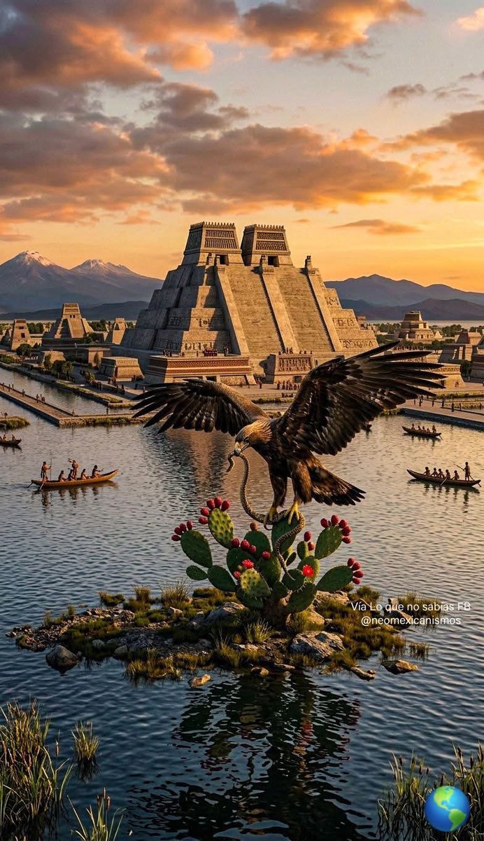 NeoMexicanismos's tweet photo. Un 13 de marzo de 1325 nacía la ciudad Sol, foco de uno de los imperios más grande de las civilizaciones humanas originarias.
El pueblo de Aztlan durante años había peregrinado para buscar la tierra prometida por Huitzilopochtli, quien presagio que un águila devorando a una serpiente sería la señal del lugar sagrado donde deberían asentarse y habitar para levantar la gran urbe. Aunque fue un desafío ya que era solo un islote en medio de un gran lago, los futuros mexicas llenos de fe lograron lo imposible, crear calzadas, canales y chinampas donde cultivarían su alimento y levantarían una sociedad llena de grandeza y sabiduría #neomexicanismos