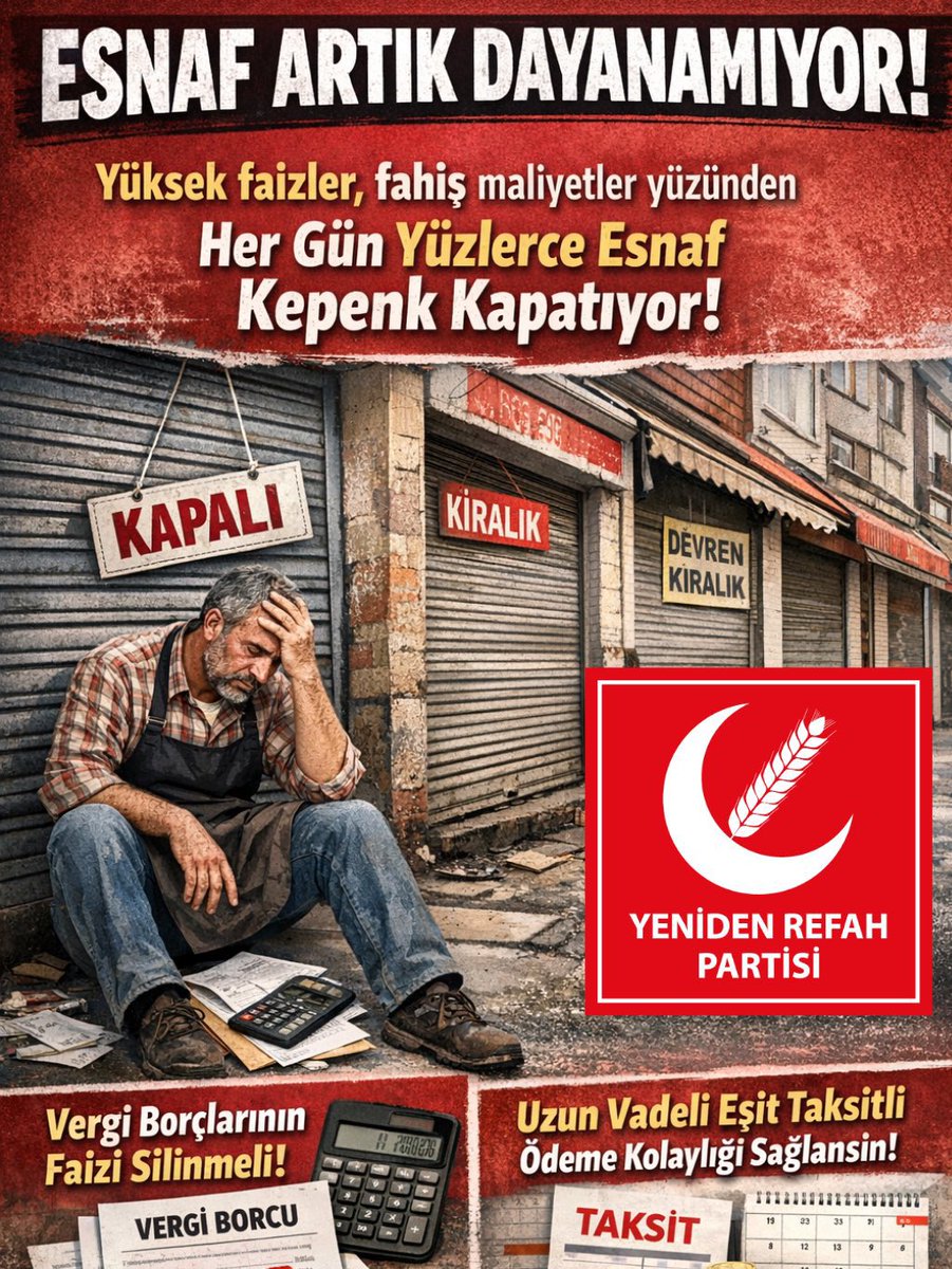 NiSAN AYINDA VERGİ AFFI GELMELİDİR ‼️
ESNAF ARTIK DAYANAMIYOR ‼️

VERGİ ve SGK BORÇLARININ FAİZLERİ SİLİNMELİ, UZUN VADELİ, EŞİT VE UYGUN ÖDEME KOLAYLIĞI SAĞLANMALIDIR.

<a href="/erbakanfatih/">Dr. Fatih Erbakan</a> <a href="/magdursuztoplum/">Toplumsal Mağduriyetler Kurulu</a> 
#vergi #vergiaffı #vergisgkyapılandırma