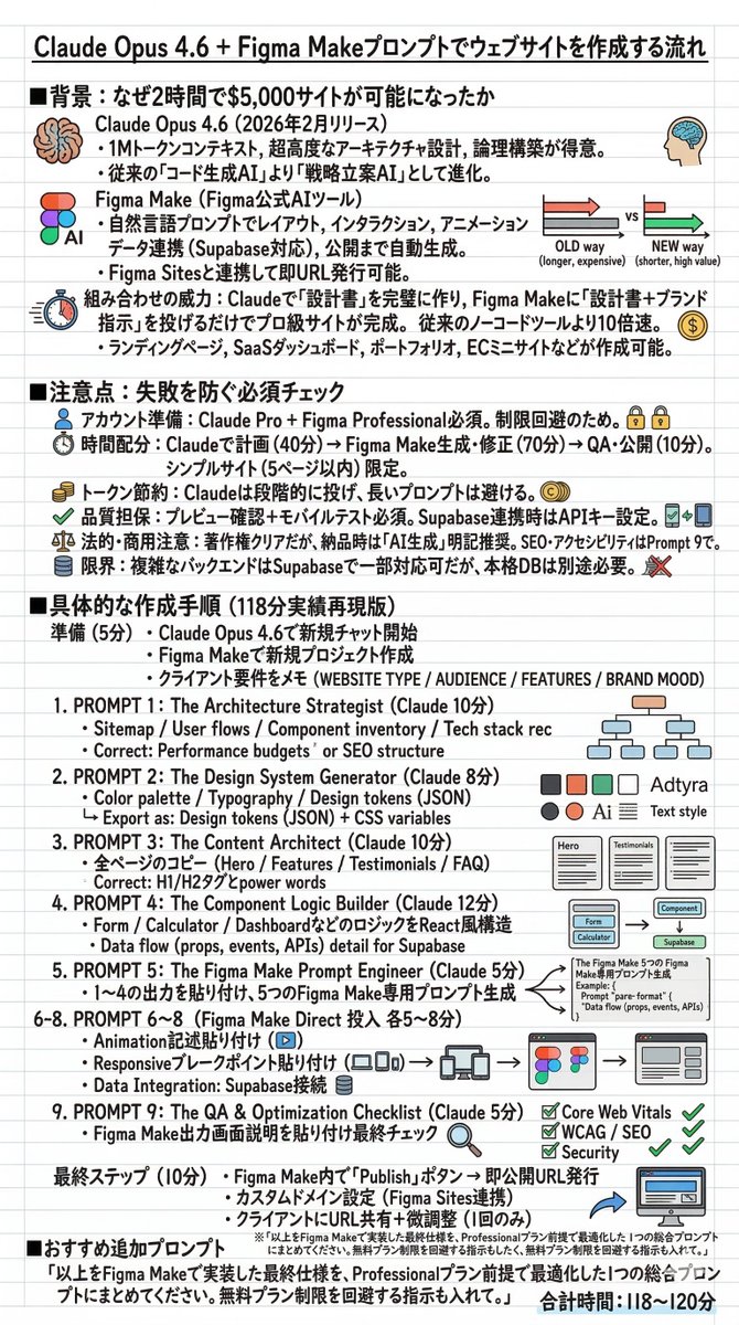 速報：AIが今や2時間で完全なウェブサイトを構築可能（無料）。

以下は、9つの驚異的なClaude Opus 4.6 + Figma Makeプロンプトで、2時間で5,000ドルのウェブサイトを作成するものです：

（競合他社がやる前に保存してください）