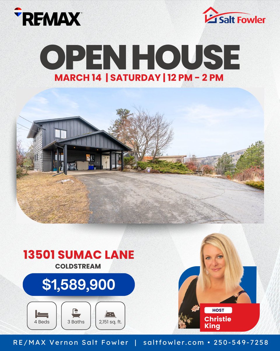 LisaSalt's tweet image. 📢 Join us for an #OPENHOUSE! 🌊 Backing onto Kal Park with walk, run, or bike-out access, this home offers direct entry to one of the Okanagan’s most iconic trail networks. 

#JustAddSalt #SaltFowler #RemaxVernon #RealEstate #VernonRealtor #VernonRealEstate