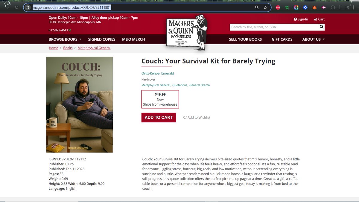 I wrote a survival guide for the days when life feels heavy and motivation disappears.
A little humor.
A little honesty.
And a very comfortable couch. 🛋️
Couch: Your Survival Kit for Barely Trying
Now at Magers &amp; Quinn.
magersandquinn.com/product/COUCH/…

#IndieBookstores #Humor #NewBook