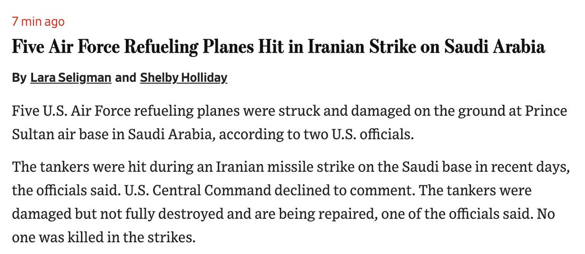 Faytuks's tweet photo. BREAKING: Five U.S. Air Force refuelling planes hit and damaged on the ground at Saudi Arabia's Prince Sultan air base following Iranian missile strike in recent days, according to two U.S. officials - WSJ
https://t.co/ZhlSzRrzkV https://t.co/M2SeKE9P0D
