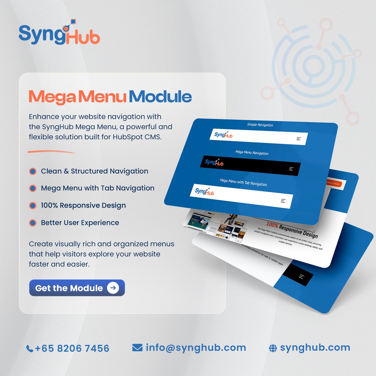 synghub's tweet photo. Enhance website navigation with the SyngHub Mega Menu Module for HubSpot CMS 🚀
 Create clean, structured, and responsive menus for a better user experience.
👉 Get the Module: https://t.co/KDqsQuQUtF

#SyngHub #HubSpotCMS #MegaMenu #WebDesign #UXDesign #HubSpotModules https://t.co/pLkPs24qm0