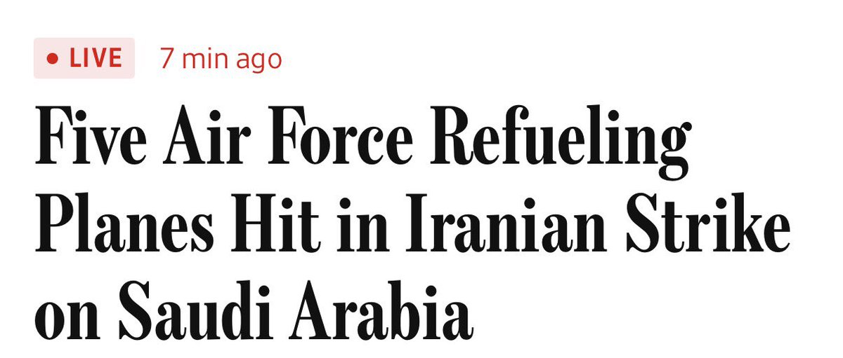clashreport's tweet photo. BREAKING: An Iranian missile strike hit Prince Sultan Air Base in Saudi Arabia, damaging 5 U.S. Air Force refueling planes on the ground.

The aircraft were damaged but not destroyed, and no one was killed in that strike.

This brings the total to at least 7 U.S. refueling planes lost or damaged recently.

Source: WSJ