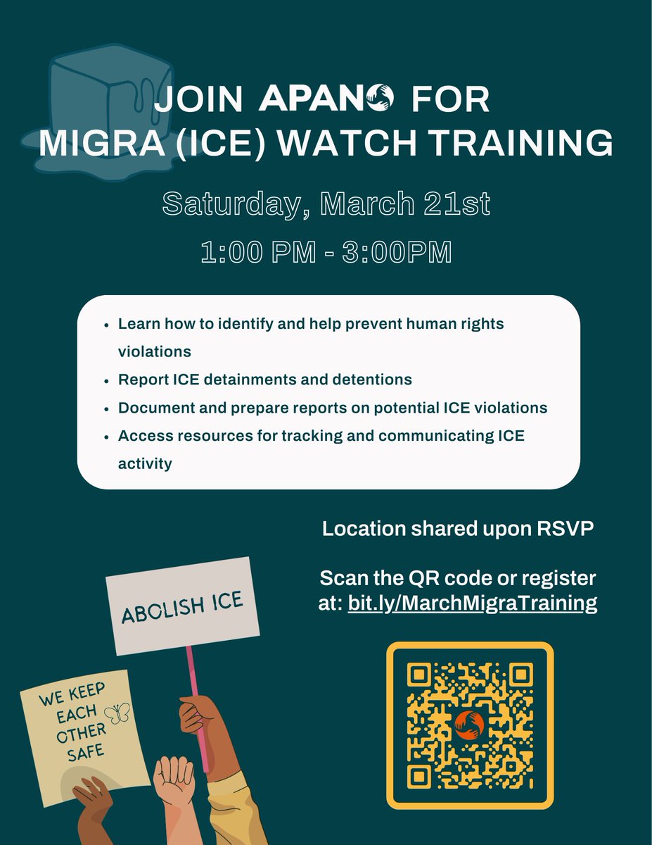 Join APANO for Migra (ICE) Watch Training!

Learn how to identify, document, and report ICE violations - and how to show up for your community. When we look out for one another, we keep each other safe. 🤝🏽

Scan the QR code to RSVP. See you there!