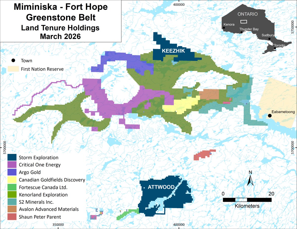 StormExInc's tweet photo. The Miminiska–Fort Hope Greenstone Belt is emerging as an exciting exploration district in Ontario.

Storm’s $5.8M sale of the Miminiska Project to Canadian Goldfields Discovery brings in the team behind K92 &amp; King Copper.Storm looks forward to an active 2026 across the district. https://t.co/63bNiPgEHY