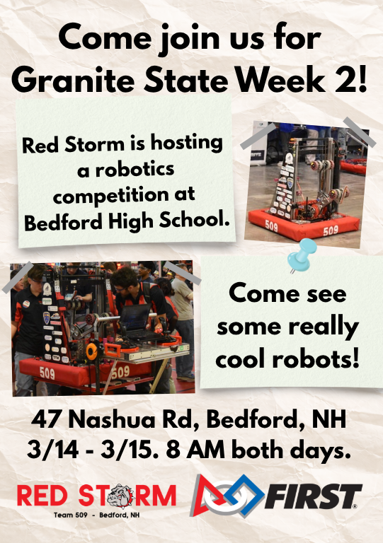 RedStorm509's tweet photo. This weekend, March 14th and 15th, Red Storm is hosting a competition at Bedford High School. We highly encourage all who are interested to come check it out, and see some really awesome teams (including us!) compete. Doors open to the public at 8am, can't wait to see you there! https://t.co/NUhvNLmx1V