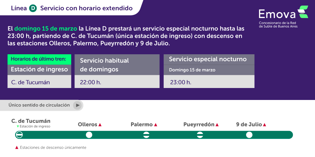 Emova_arg's tweet image. 🚨 ¡Atención usuarios!

📆 El domingo 15 de marzo la #LíneaD prestará un servicio nocturno de desconcentración hasta las 23:00, partiendo de Congreso de Tucumán ⚪🔴⚽️

⚠️ Mirá cuáles serán los horarios y las estaciones habilitadas para viajar 👇