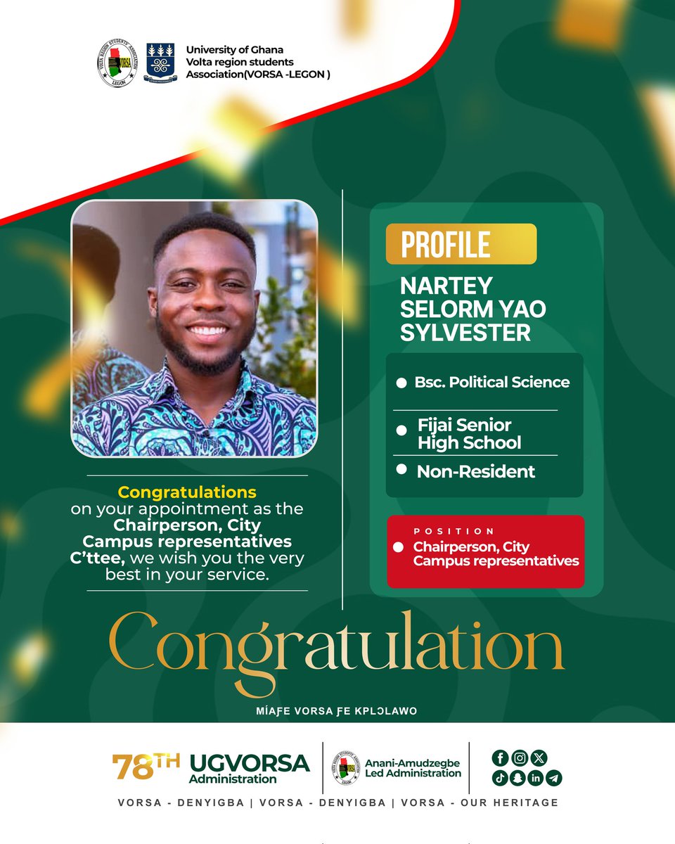 VorsaLegon's tweet photo. Congratulations  to Mr. Nartey Selorm Yao Sylvester on your appointment as the  Chairperson of City Campus Representatives Committee of VORSA-LEGON

We wish you the very best in this your  role and we are optimistic of your great contribution and service to VORSA- LEGON https://t.co/x668BAdrTh