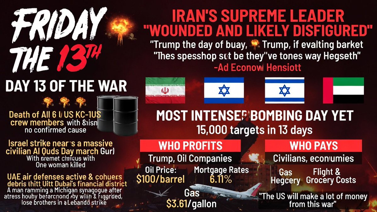 Autarkeia_'s tweet image. This is what happened in the last few hours.
Iran's Supreme Leader is "wounded and likely disfigured." Trump says he's alive "in some form." Hegseth says Iran may not know who's in charge.
All 6 US crew members from the KC-135 are dead. No confirmed cause. Today is the most