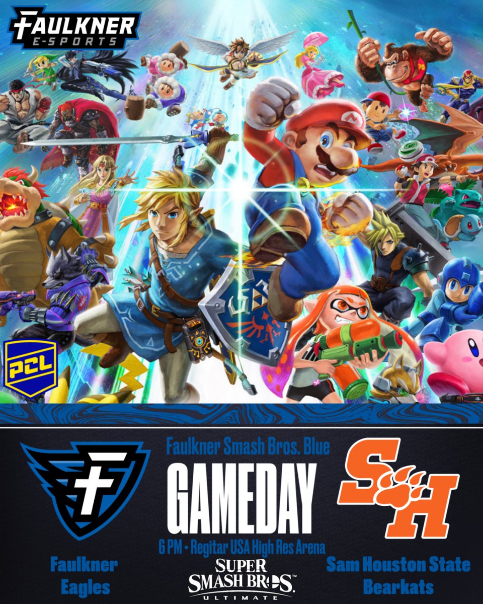 FaulknerESports's tweet image. The Faulkner Blue Team will go up against the Sam Houston State Bearkats tonight at 6 in a best-of-three Super Smash Bros. Ultimate crew battle.

#FaulknerESports #SoarEagles #NeverFail #SSBU #SmashBros