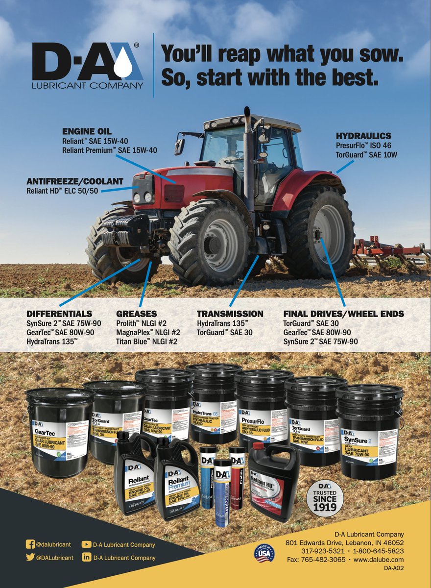 D-A Lubricant has exactly what you need this farming season! Learn more about the full product portfolio for all your farming/ag needs. dalube.com/industries/agr…