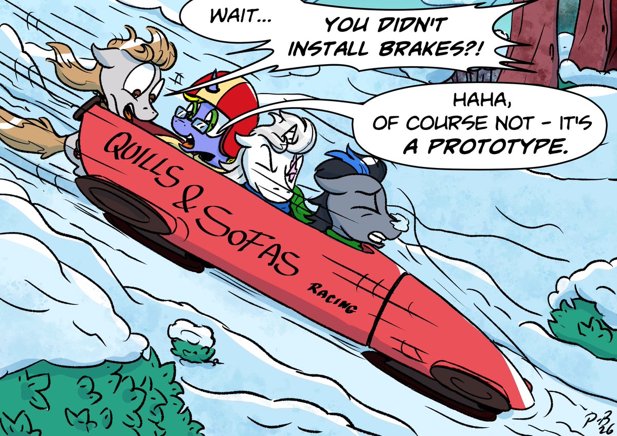 PonyBerserker's tweet photo. a new pic, a late patreon reward.
This is the first training run of Quills and Sofas bobsleigh team.
But it might also be the last one.
#MLP #WinterOlympics #humor #bobsleigh #bobsled https://t.co/XxS9ms5fNP