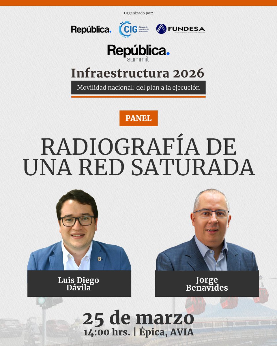 republicagt's tweet photo. Una ciudad de 5 millones de personas, 9 millones de desplazamientos diarios y una red vial que apenas crece 1.4 % al año. La movilidad llegó a su límite 🚗📊

Esto abordará el panel “Radiografía de una red saturada” en República Summit Infraestructura 2026 con @JBenavides9 de @FUNDESA y Luis Diego Dávila de Oservatorio para las Ciudades de la @UNISgt.

Si el tráfico le afecta todos los días, esta conversación también es para usted.

Reserve su lugar en https://t.co/YCZlMeUbb8.
📅 25 de marzo | 📍 Épica AVIA | ⏰ 14:00.
#Trafico #TraficoGT #Infraestructura #republicasummit