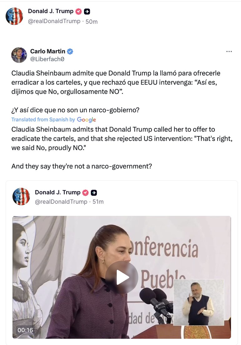 azucenau's tweet photo. 🔴El presidente de Estados Unidos, Donald Trump, comparte en Truth Social una publicación de un usuario identificado como Carlo Martin, quien cuestiona si México es un “narcogobierno”. 👇 https://t.co/4gR5UHZSbI