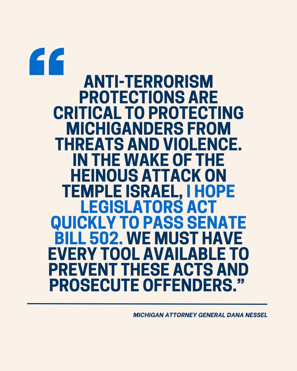 MIAttyGen's tweet photo. Following yesterday’s attack on Temple Israel, @miattygen is urging residents to report threats, suspicious activity, and acts of bias-motivated violence to local law enforcement and the DAG’s Hate Crimes and Domestic Terrorism Unit. Read more at https://t.co/RkLggZPyrB https://t.co/Ffj1alcppH