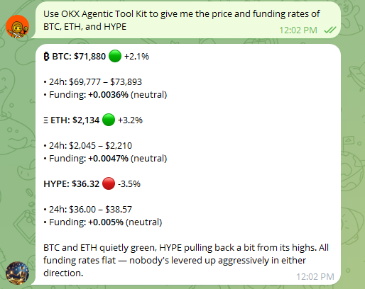 I took the first steps at setting up my <a href="/okx/">OKX</a> agent today.

It has direct access to OKX market data, no API keys needed.

I just ask it for prices, and it gives me accurate data with funding rates and a brief market summary.

I'll be turning this into a trading bot next 👀

This