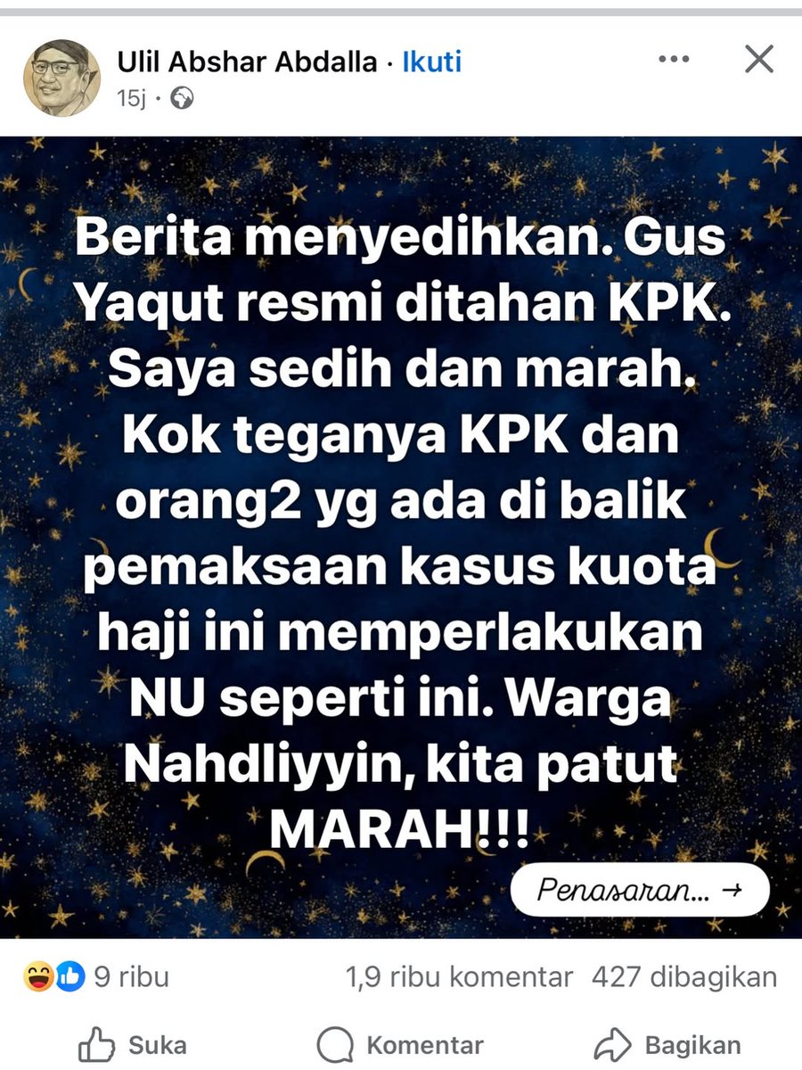 Ajakan "Warga Nahdliyyin, kita patut MARAH!!!" harusnya di saat PBNU nerima konsensi tambang, di saat kadernya bertemu Netanyahu, di saat PBNU tone deaf, di saat elite-elitenya menjadi kepanjangan tangan rezim.

Bukan malah dipake di saat KERABAT jenengan lagi diproses hukum!